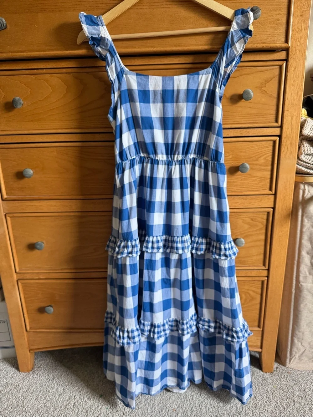 J.Crew Flutter-Sleeve Ruffle-Tiered Midi Dress Gingham Blue & White Womens S